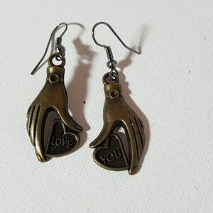 Hands Holding Love Antique Gold Tone 1.25" Earrings